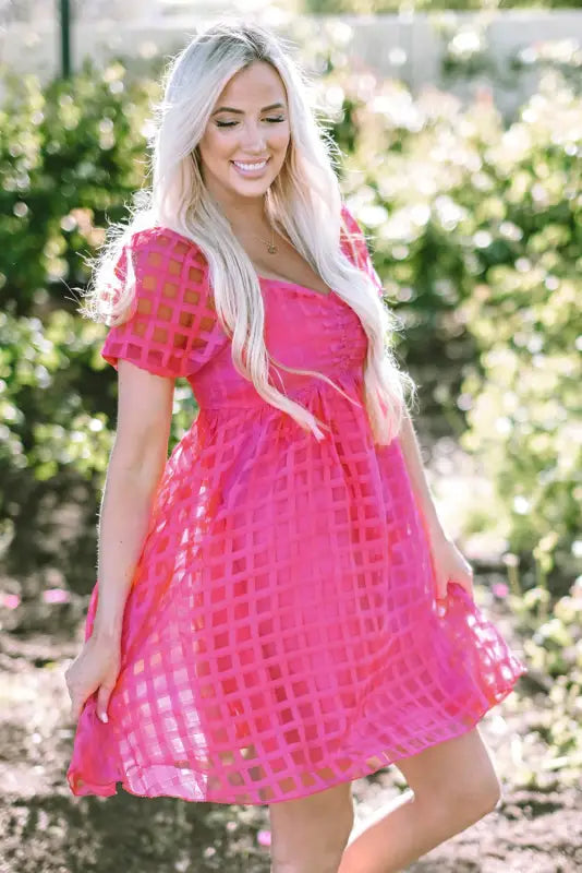 Strawberry pink checkered puff sleeve babydoll dress - dresses