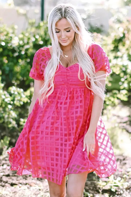 Strawberry pink checkered puff sleeve babydoll dress - dresses