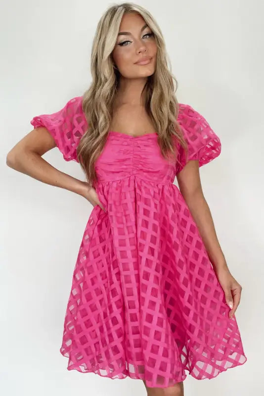 Strawberry pink checkered puff sleeve babydoll dress - dresses