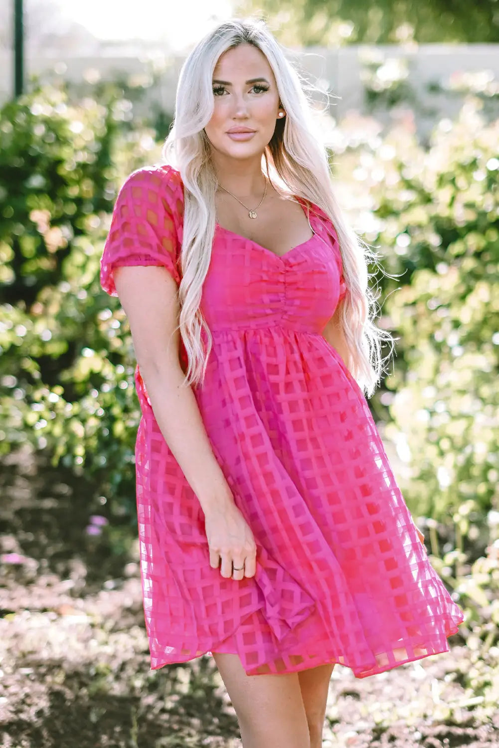 Strawberry pink checkered puff sleeve babydoll dress - dresses
