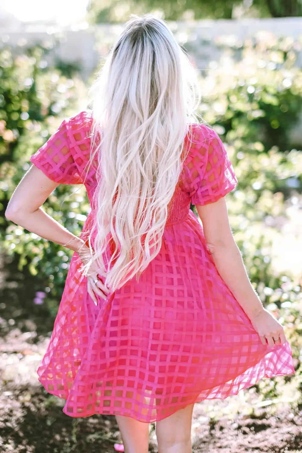 Strawberry pink checkered puff sleeve babydoll dress - dresses