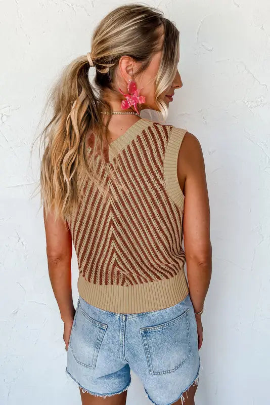 Strawberry pink contrast chevron knit v neck sweater vest - tops