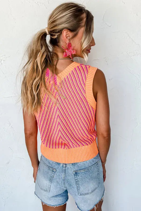 Strawberry pink contrast chevron knit v neck sweater vest - tops