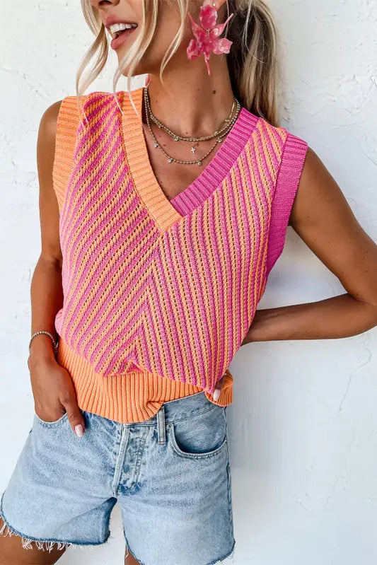 Strawberry pink contrast chevron knit v neck sweater vest - s / 100% viscose - tops