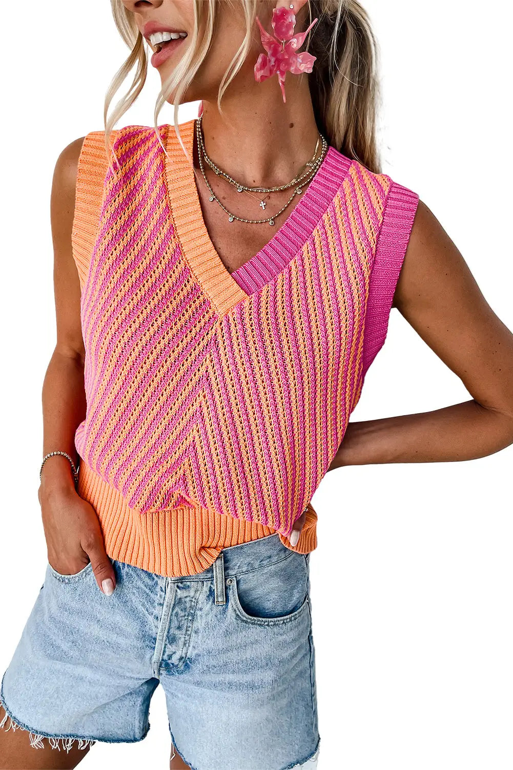 Strawberry pink contrast chevron knit v neck sweater vest - tops