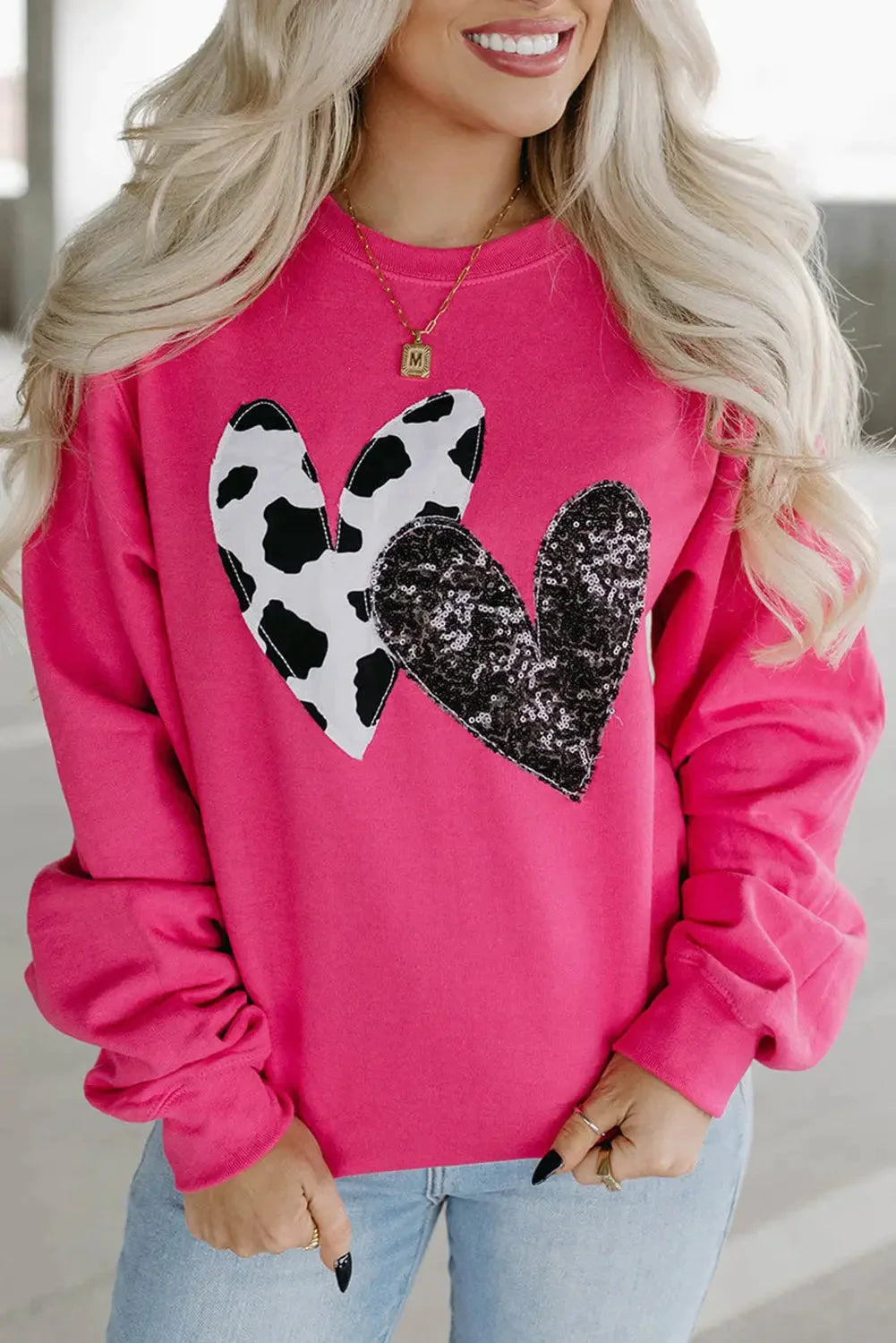 Strawberry pink cow & sequin double heart patch graphic sweatshirt - l 62.7% polyester + 37.3% cotton sweatshirts