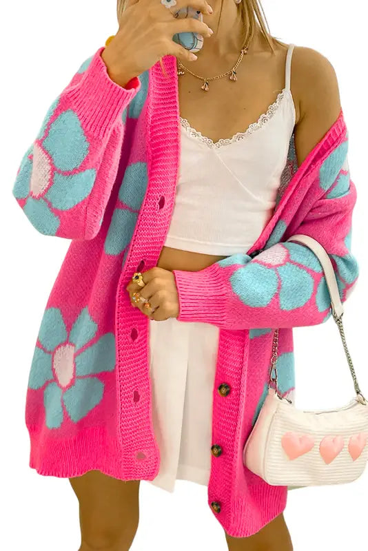 Strawberry pink floral print button up knitted cardigan - sweaters & cardigans