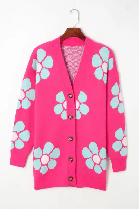 Strawberry pink floral print button up knitted cardigan - sweaters & cardigans