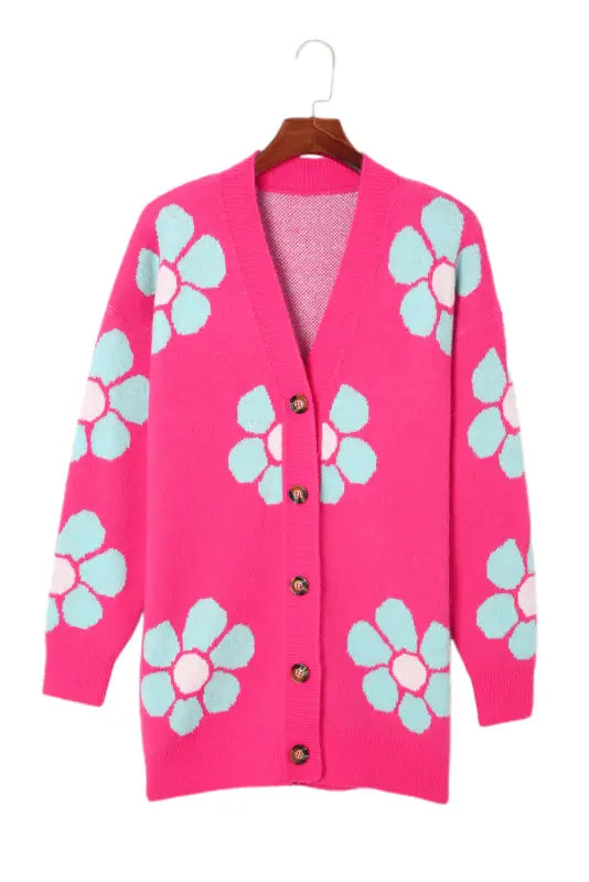 Strawberry pink floral print button up knitted cardigan - sweaters & cardigans