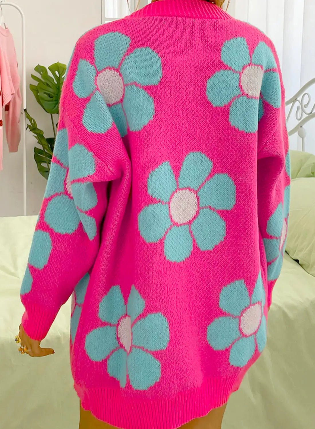 Strawberry pink floral print button up knitted cardigan - sweaters & cardigans