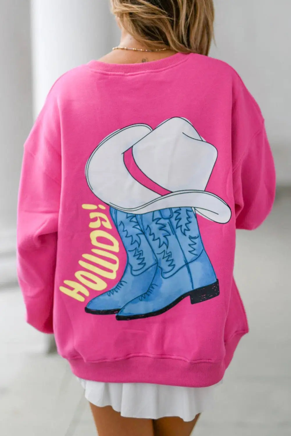 Strawberry pink howdy back western graphic pullover sweatshirt - l / 62.7% polyester + 37.3% cotton - sweatshirts &