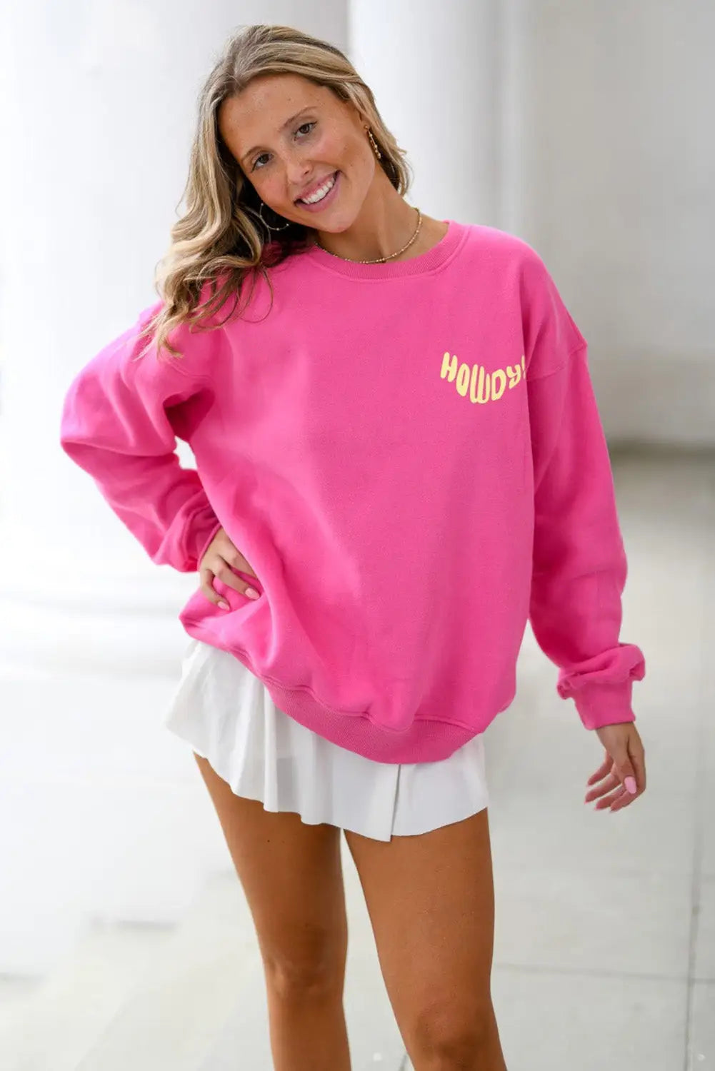 Strawberry pink howdy back western graphic pullover sweatshirt - sweatshirts & hoodies