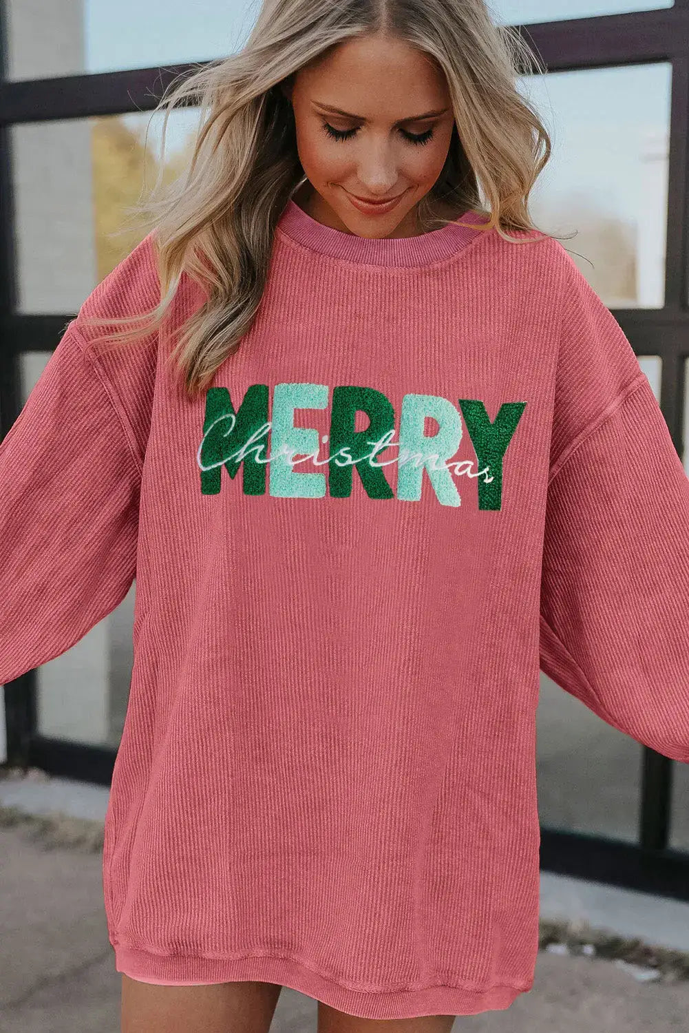 Strawberry pink merry christmas corded pullover sweatshirt - graphic
