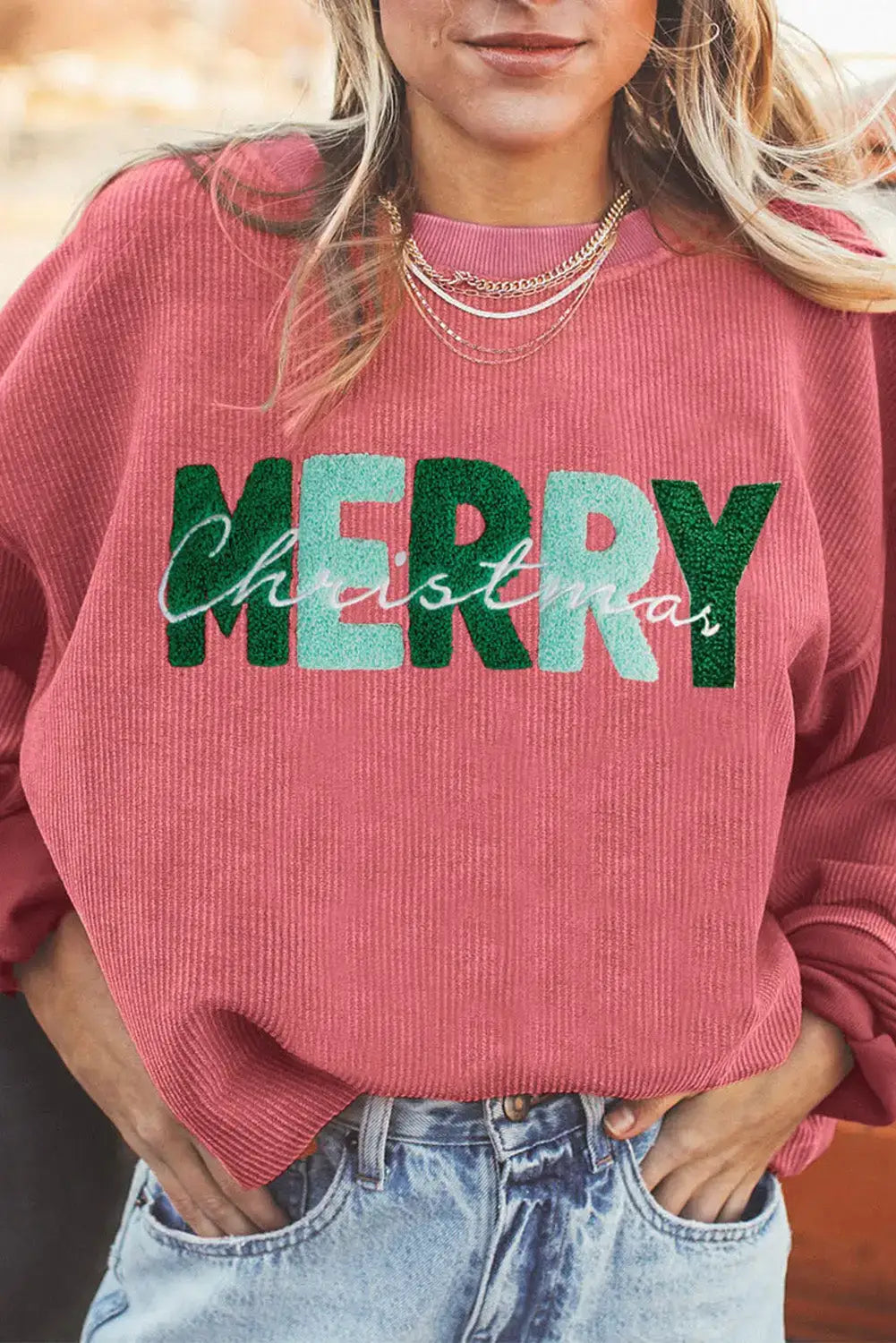 Strawberry pink merry christmas corded pullover sweatshirt - s / 100% polyester - graphic