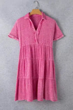 Strawberry Pink Mineral Wash Tiered Dress - Fashionfitz