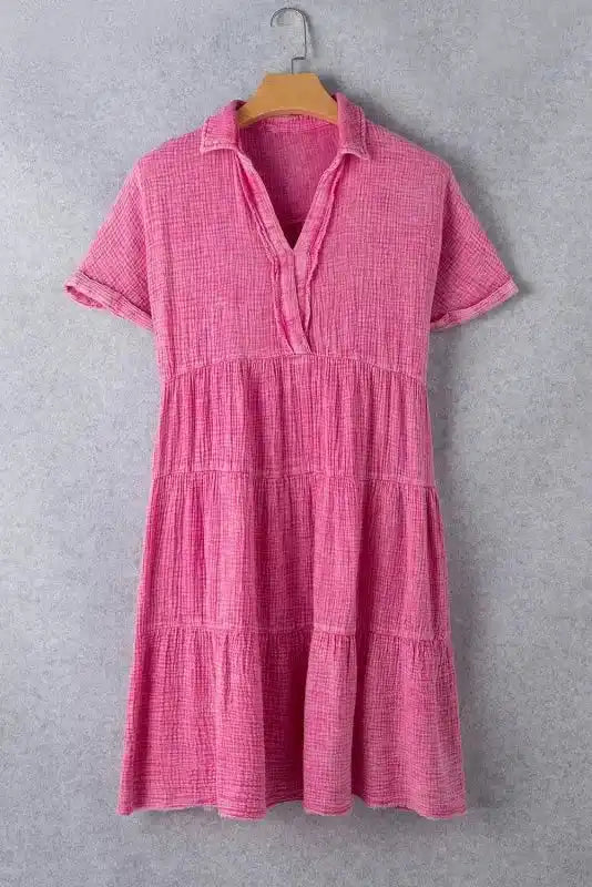 Strawberry Pink Mineral Wash Tiered Dress - Fashionfitz