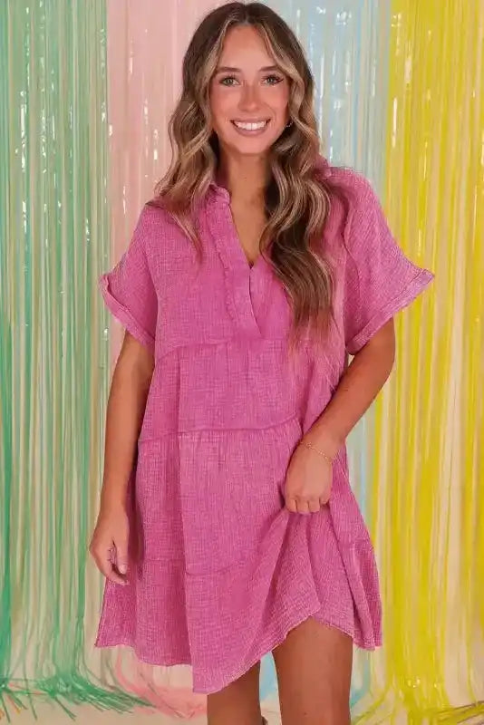 Strawberry Pink Mineral Wash Tiered Dress - Fashionfitz