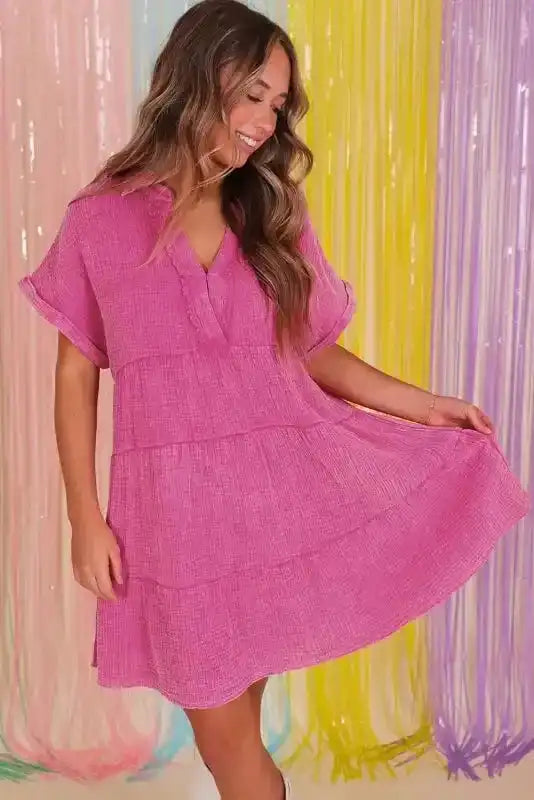 Strawberry Pink Mineral Wash Tiered Dress - Fashionfitz