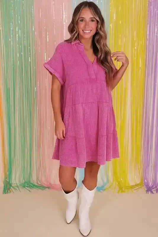 Strawberry Pink Mineral Wash Tiered Dress - Fashionfitz
