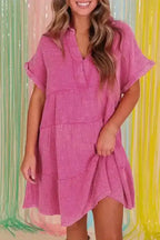 Strawberry Pink Mineral Wash Tiered Dress - Fashionfitz