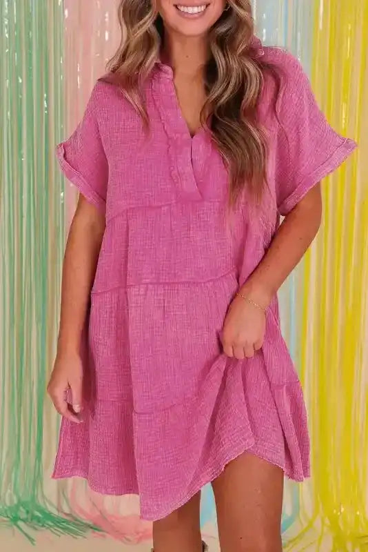 Strawberry Pink Mineral Wash Tiered Dress - Fashionfitz