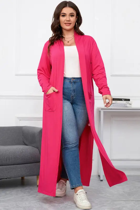 Strawberry pink plus size side split pockets duster cardigan - 1x / 70% polyester + 27% viscose + 3% elastane