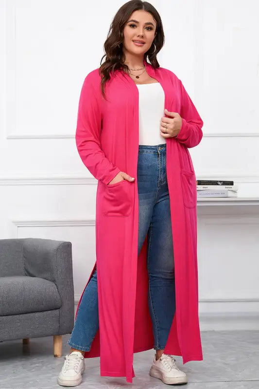 Strawberry pink plus size side split pockets duster cardigan