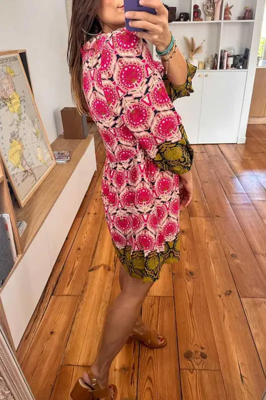 Strawberry pink retro printed v neck bracelet sleeve dress - mini dresses