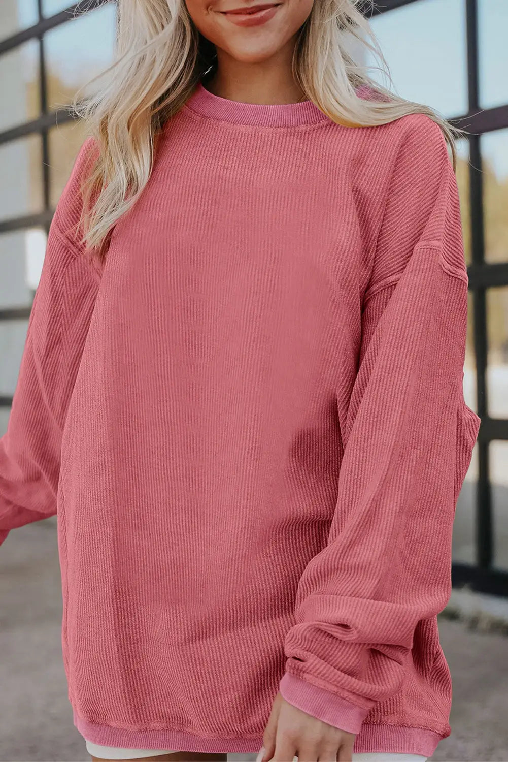 Strawberry pink ribbed corded oversized sweatshirt - s / 100% polyester - sweatshirts & hoodies