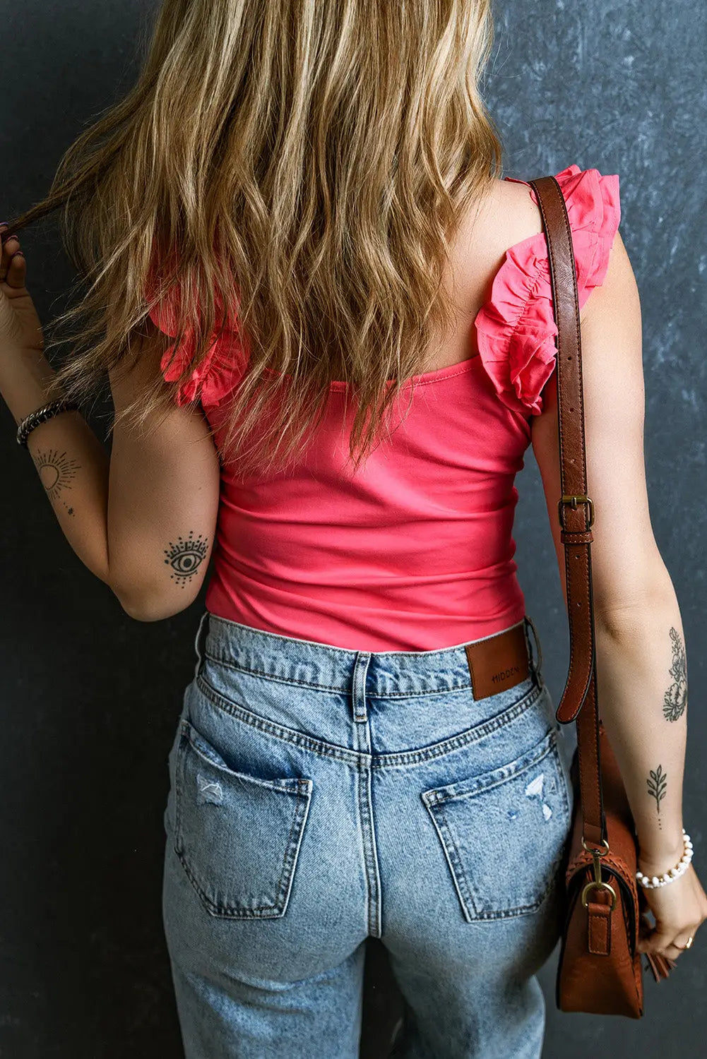 Strawberry pink ruffled wide straps slim tank top - tops
