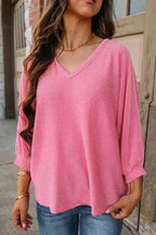 Strawberry Pink Striped Print Bracelet Sleeve V Neck Top - Fashionfitz