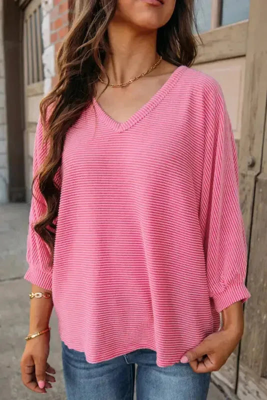 Strawberry Pink Striped Print Bracelet Sleeve V Neck Top - Fashionfitz