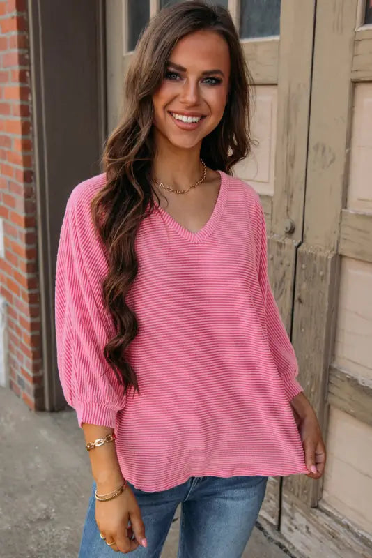 Strawberry pink striped print bracelet sleeve v neck top - long tops