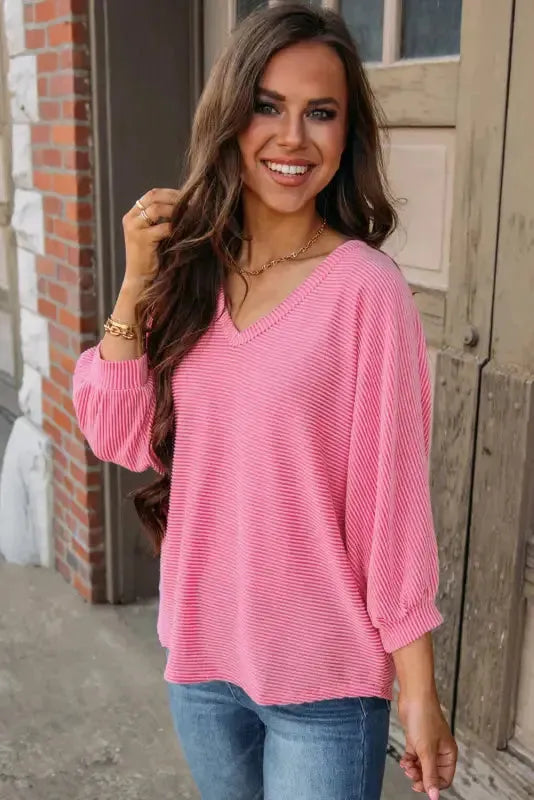 Strawberry Pink Striped Print Bracelet Sleeve V Neck Top - Fashionfitz