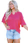 Strawberry pink textured knit split neck cuffed short sleeve top - tops