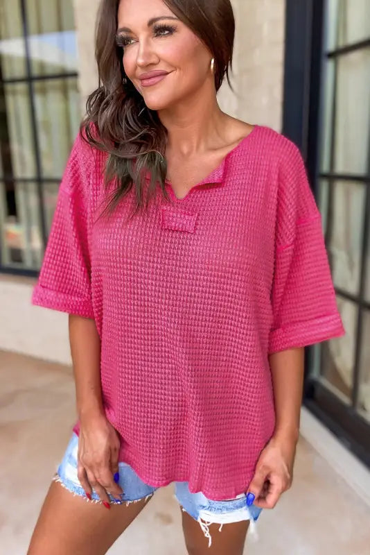 Strawberry pink textured knit split neck cuffed short sleeve top - tops