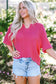 Strawberry pink textured knit split neck cuffed short sleeve top - tops