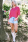 Strawberry pink textured knit split neck cuffed short sleeve top - tops