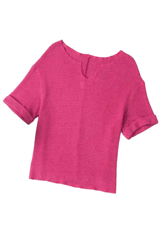 Strawberry pink textured knit split neck cuffed short sleeve top - tops