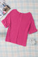 Strawberry pink textured knit split neck cuffed short sleeve top - tops