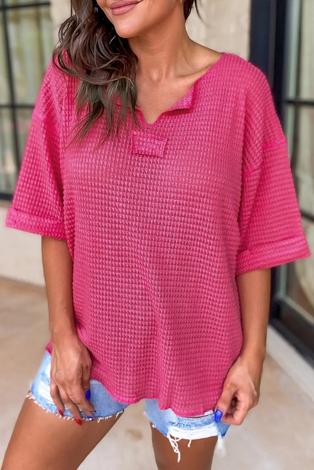 Strawberry pink textured knit split neck cuffed short sleeve top - s / 65% polyester + 30% viscose + 5% elastane - tops