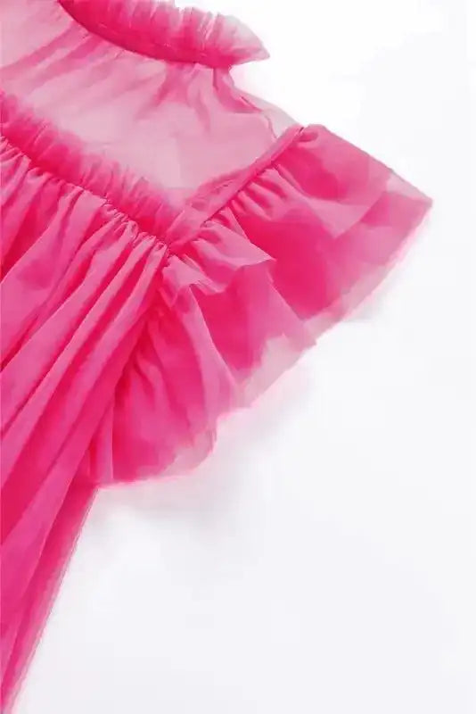 Strawberry Pink Tulle Ruffle Sleeve Flared Blouse - Fashionfitz