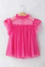 Strawberry Pink Tulle Ruffle Sleeve Flared Blouse - Fashionfitz