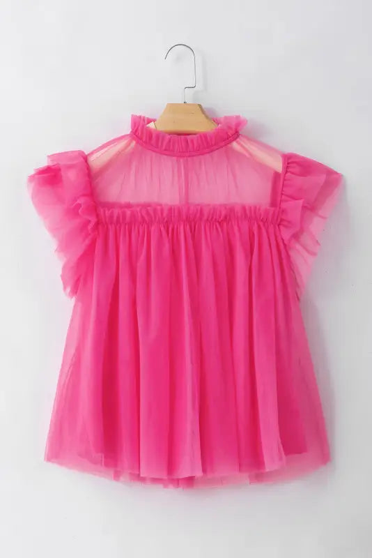 Strawberry pink tulle ruffle sleeve flared blouse - tops/blouses & shirts