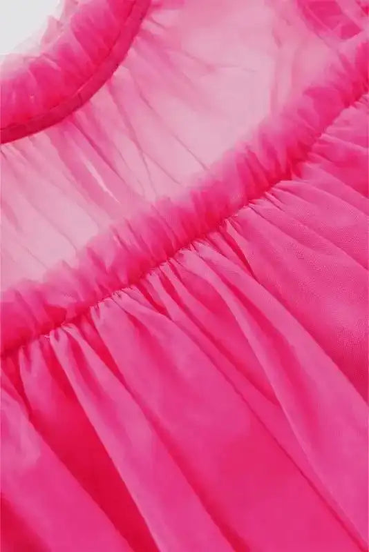 Strawberry Pink Tulle Ruffle Sleeve Flared Blouse - Fashionfitz