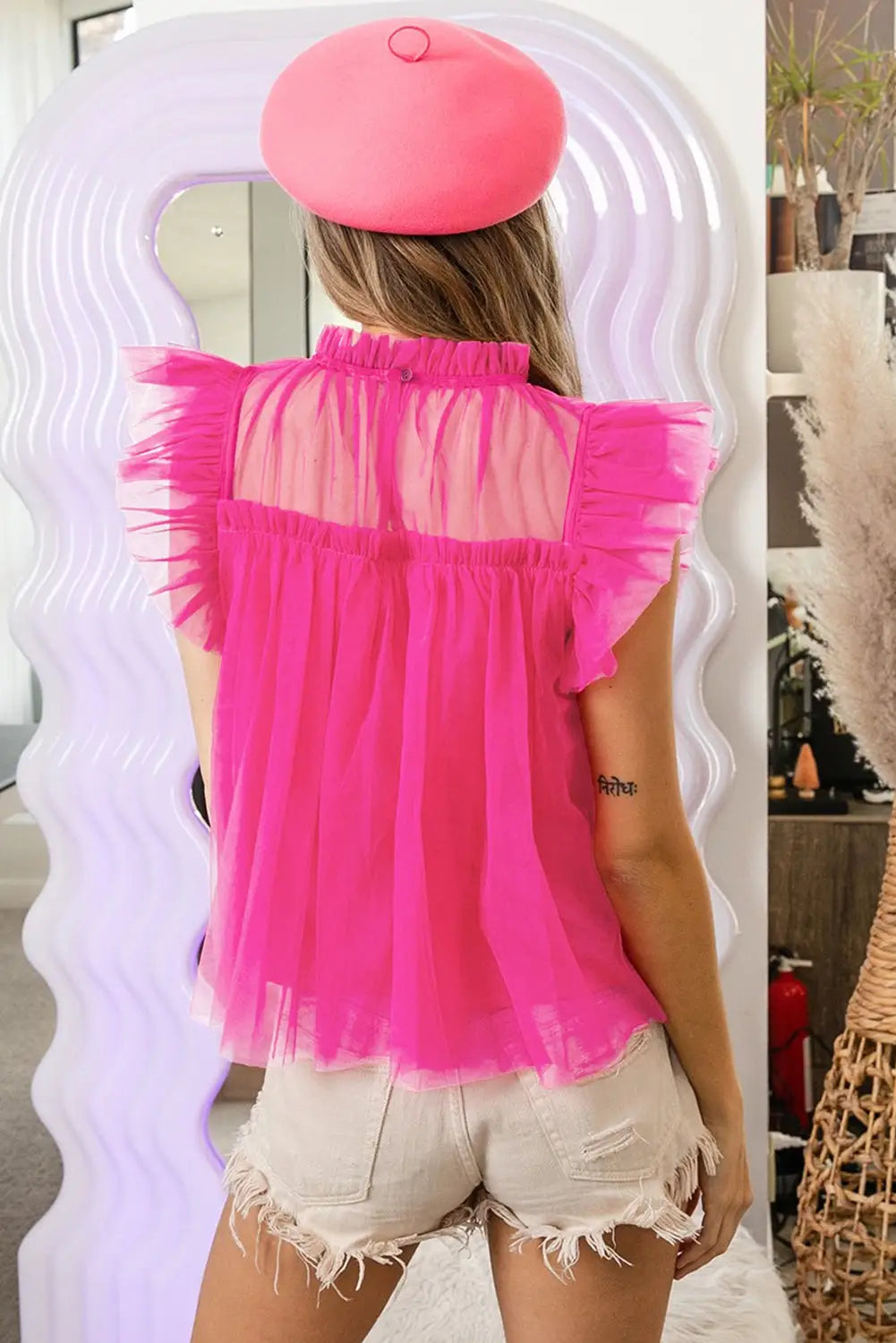 Strawberry pink tulle ruffle sleeve flared blouse - tops/blouses & shirts