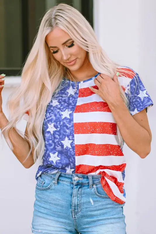 Stripe american flag print distressed crew neck t shirt - t-shirts