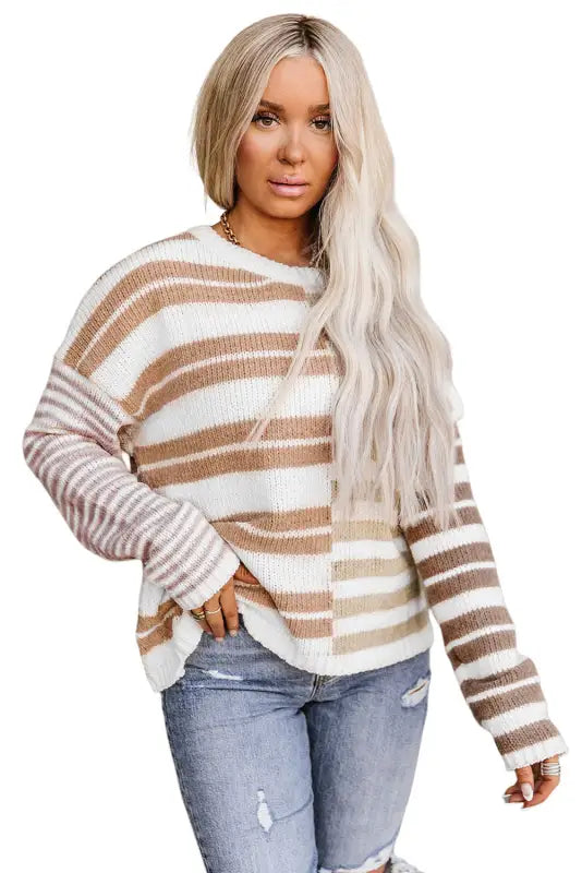 Stripe blocked drop shoulder slouchy sweater - sweaters & cardigans