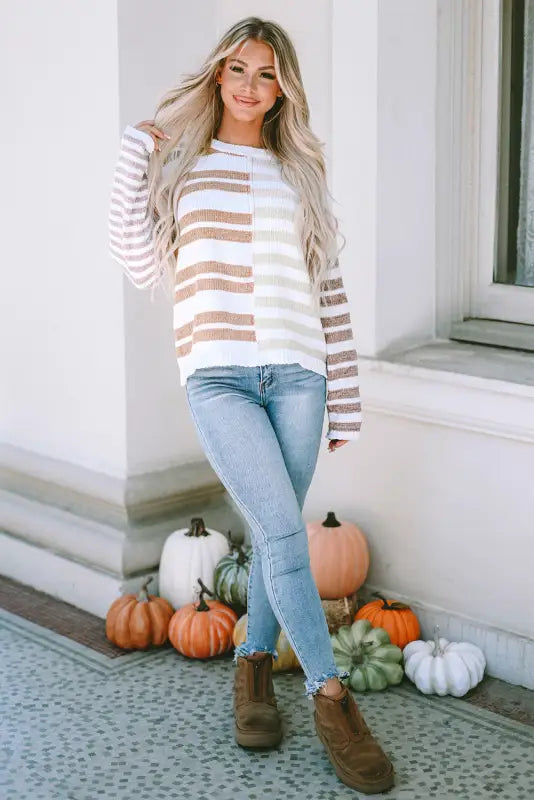 Stripe blocked drop shoulder slouchy sweater - sweaters & cardigans