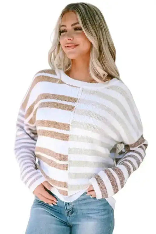 Neutral tone drop shoulder stripe block slouchy sweater front view — Fashionfitz UK